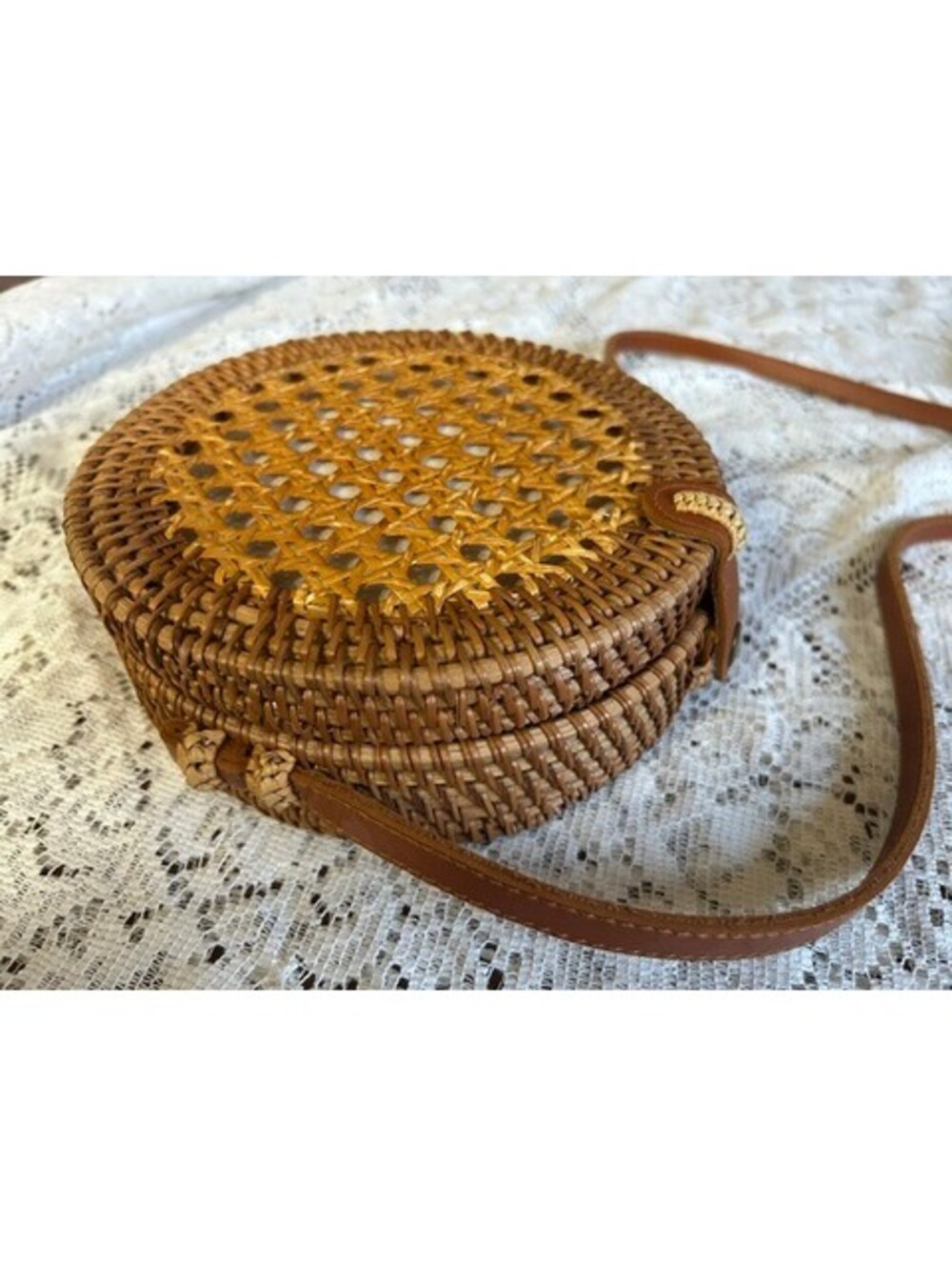 Round Woven Rattan Crossbody Bag with Leather Strap